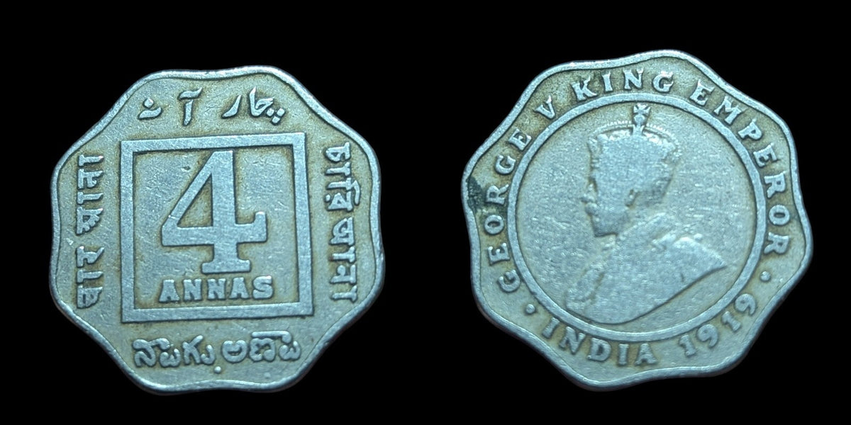 British India RARE 1920 4 Annas, King George V & Emperor Vintage KM#519