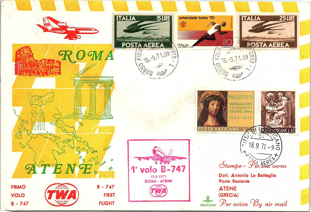 PREMIER VOL TWA ROME ATHÈNES ou CITÉ DU VATICAN 1971 PREMIER VOL TWA B-747 ROME VERS