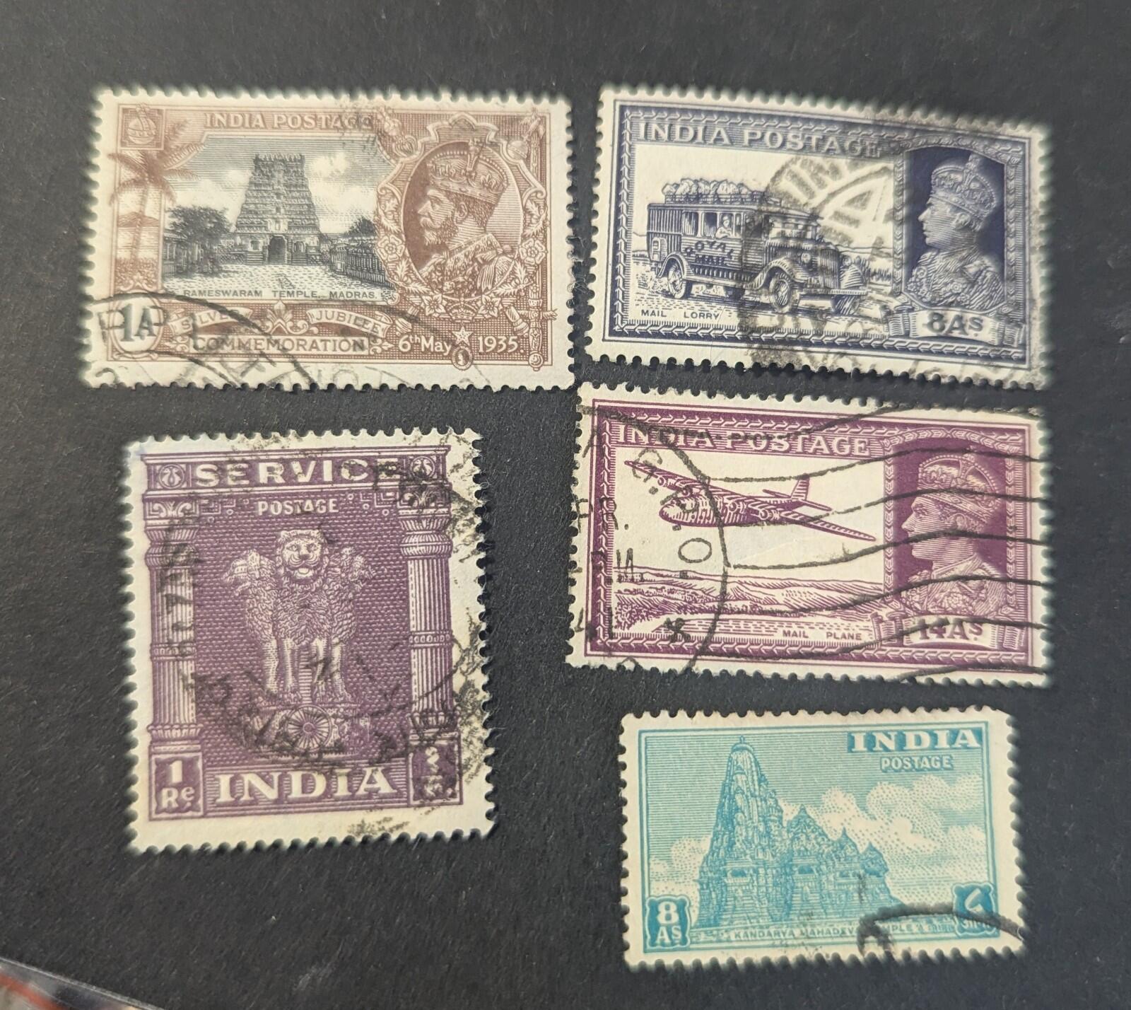 Vintage Collection of 5 India Postage Stamps ( British Raj & Republic)