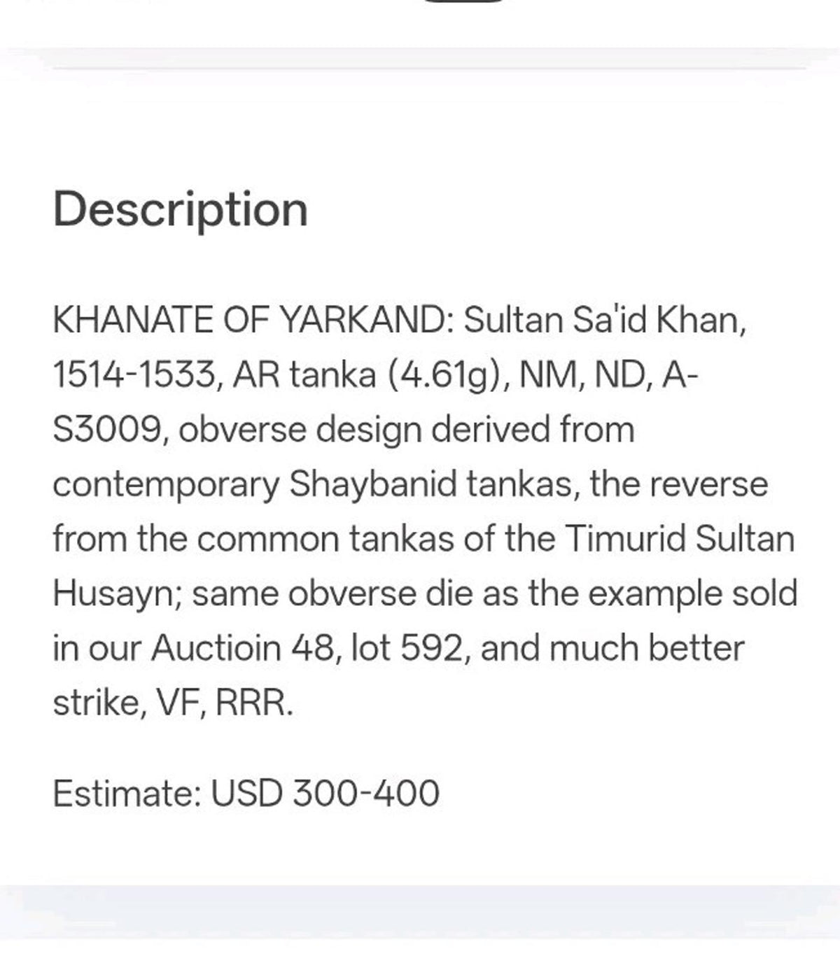 ISLAMIQUE, TIMURIDE. KHANAT DE YARKAND: Sultan Sa'id Khan, 1514-1533 AR tangka Rare