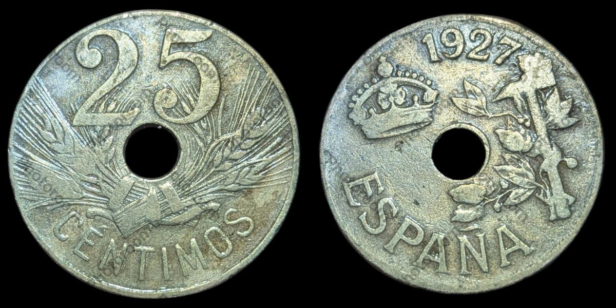 Pièce espagnole de 25 centimes, Espagne, 1927, vintage #2