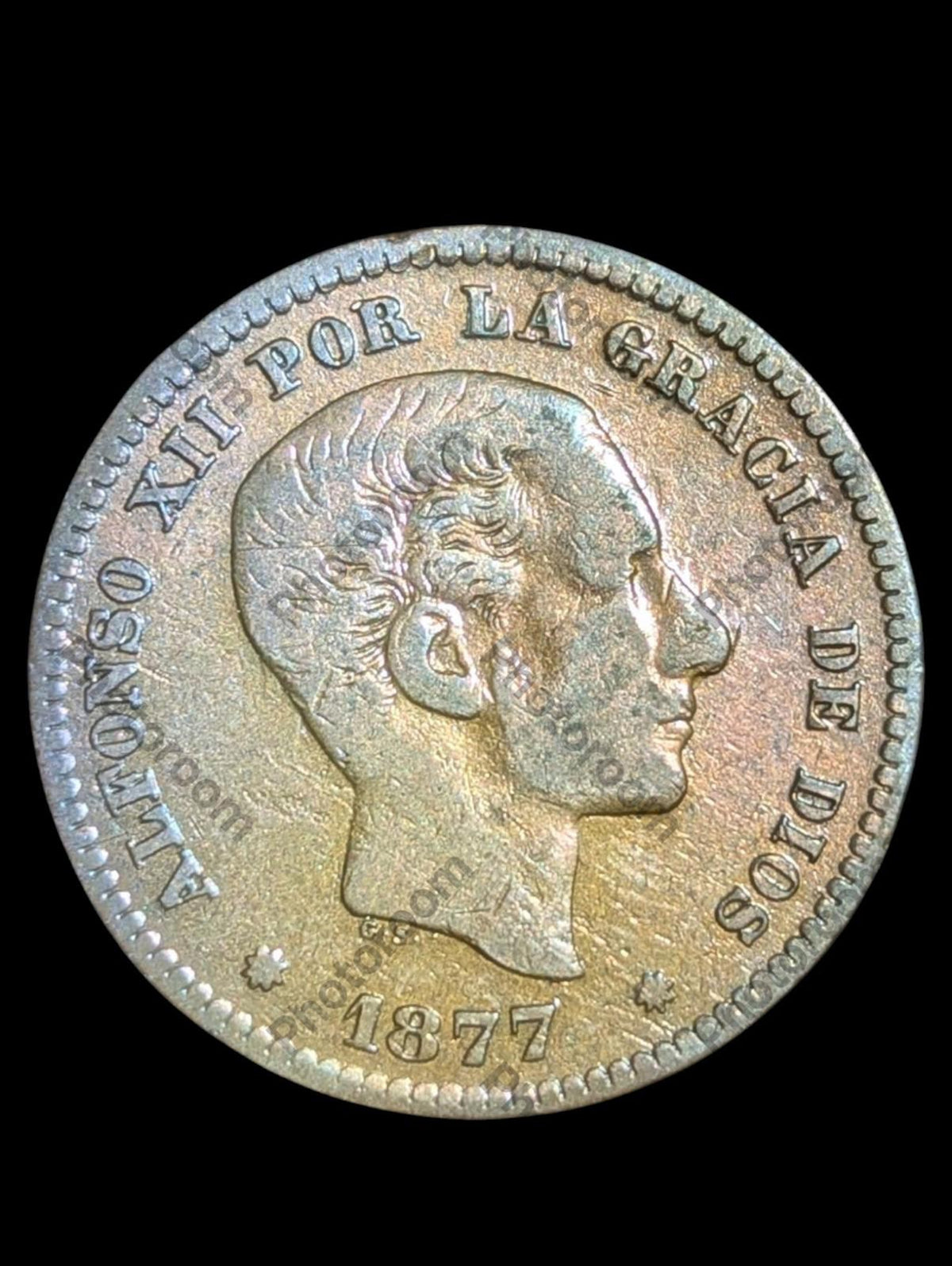 1877 OM SPAIN 🇪🇸 Bronze 10 CENTIMOS Coin, ALFONSO XII.