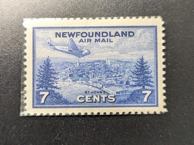 NEWFOUNDLAND C19 1943 7c ULTRAMARINE CBNC PLANE OVER ST JOHNS AIRMAIL VF MNH