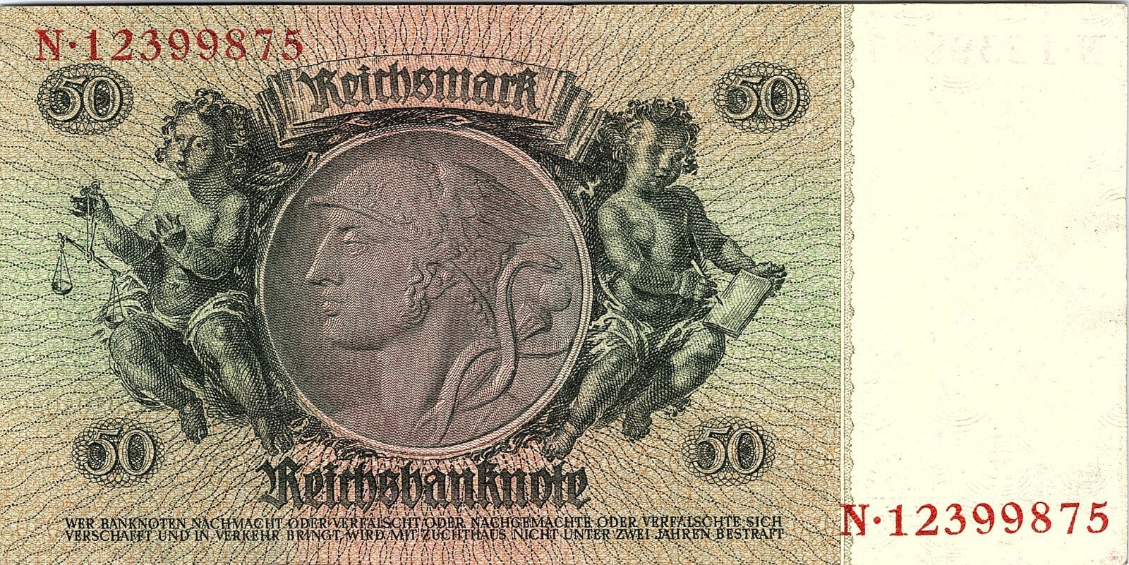 REICHSBANKNOTE 30. 3. 1933 50 MARK WATERMARK DAVID HANSEMANN PICK#182 VF