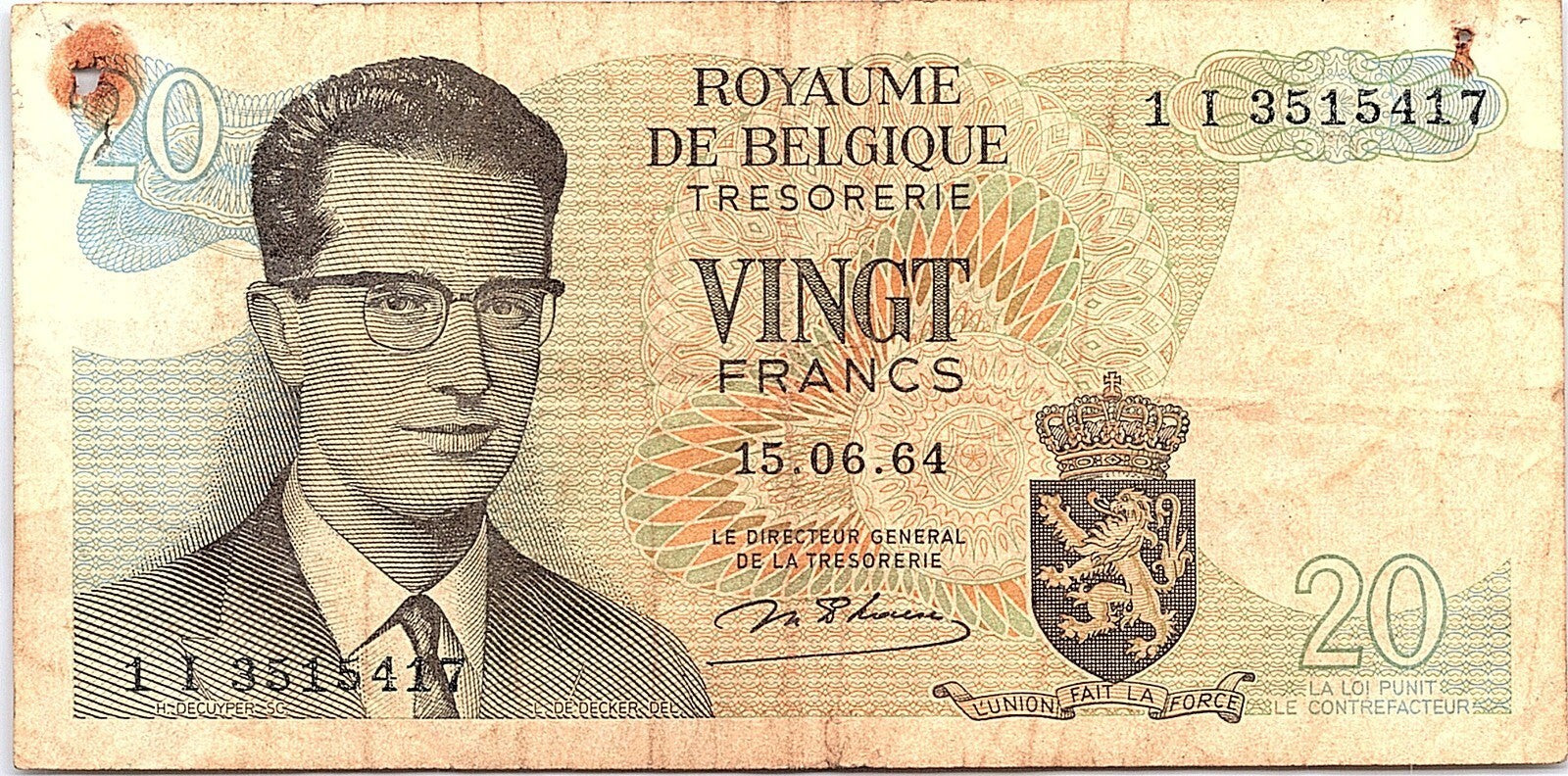 Belgium  20 francs 15.06.1964 Tear Fault