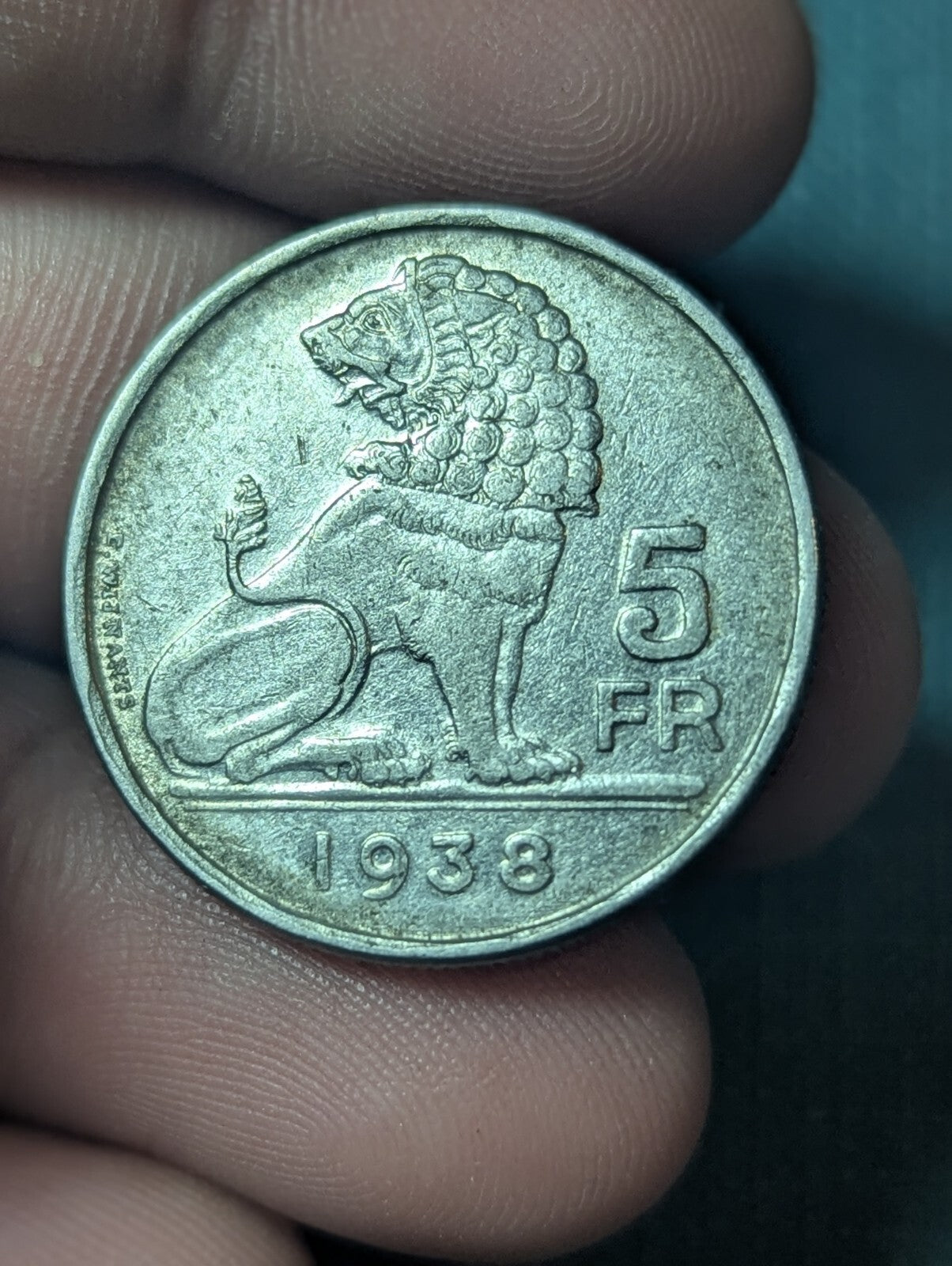 1938 BELGIUM 5 FRANCS - RARE TYPE - High Quality Coin