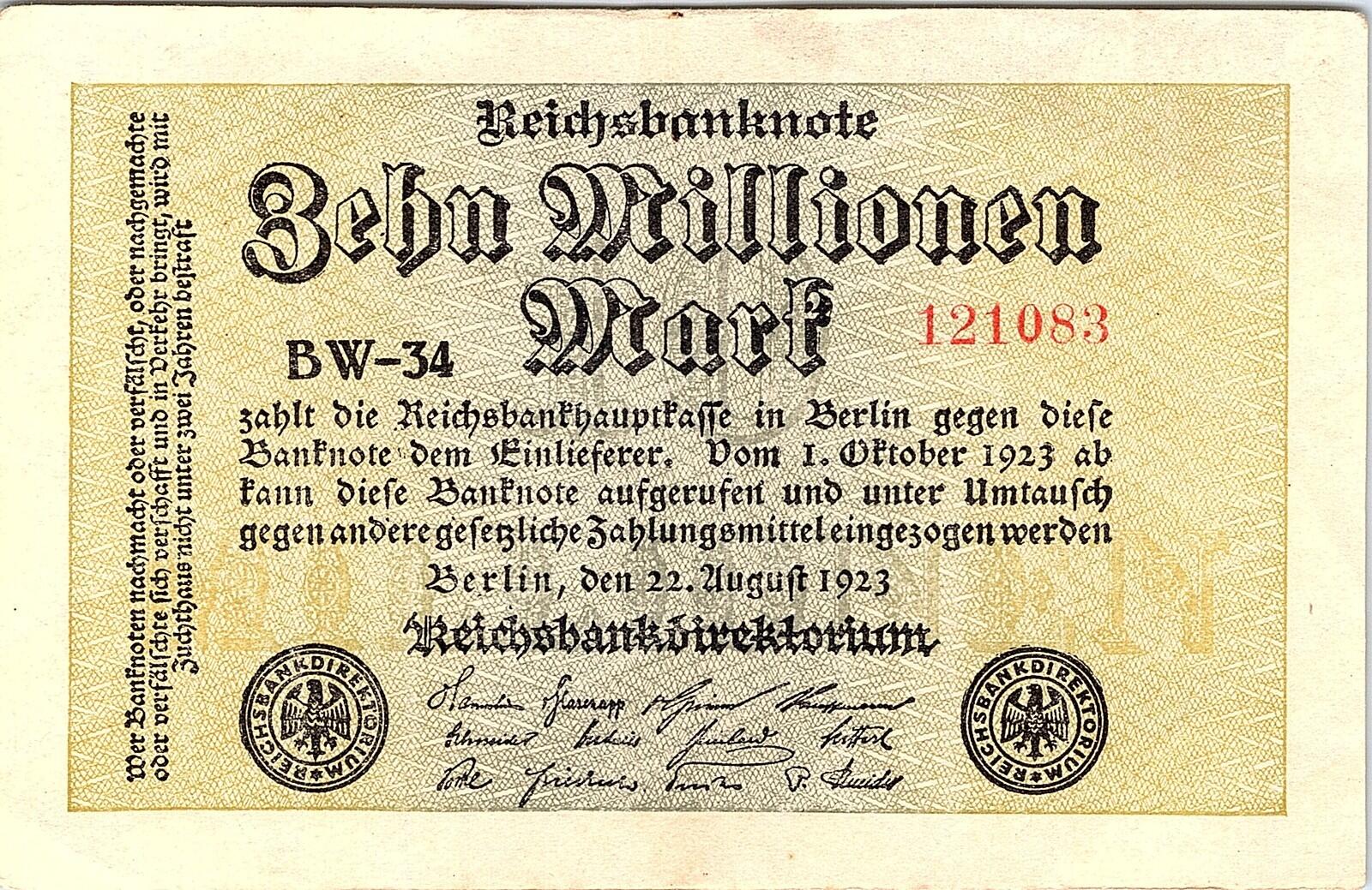 Germany 1923 Bill Of 10,000,000 Mark Better Grade Hyper Inflation WWI