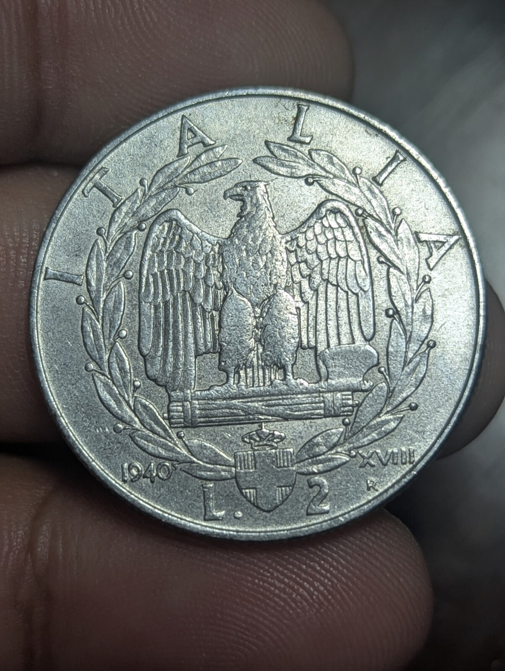 WWII 1939-1941 Italy Vittorio Emanuele III 2 Lire Coin, MUSSOLINI