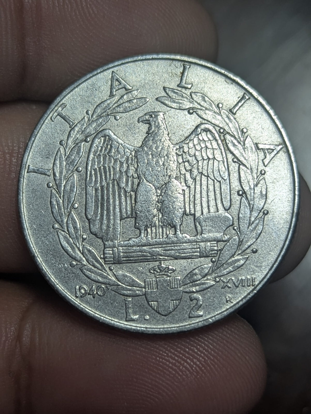 WWII 1939-1941 Italy Vittorio Emanuele III 2 Lire Coin, MUSSOLINI