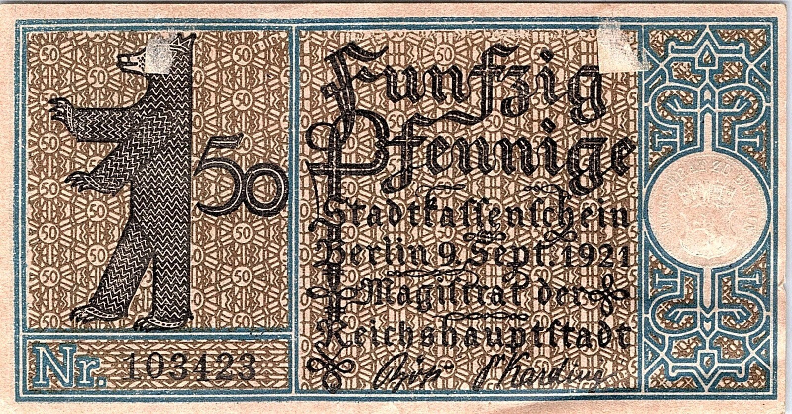 Notgeld Berlin (Germany) 50 Pfennig 1921 WWI