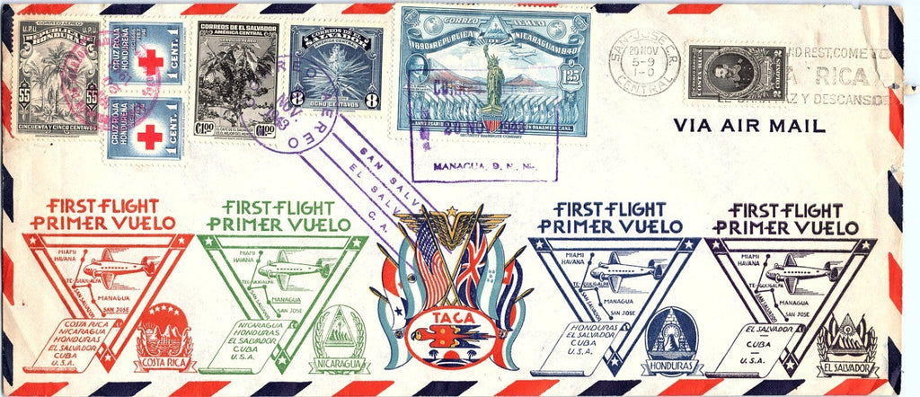 1943 Multi-Country TACA First Flight Cover El Salvador Nicaragua Costa Rica FFC