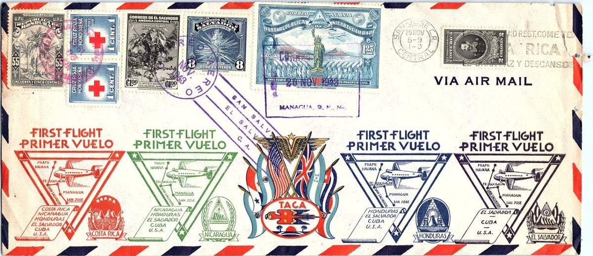 1943 Multi-Country TACA First Flight Cover El Salvador Nicaragua Costa Rica FFC