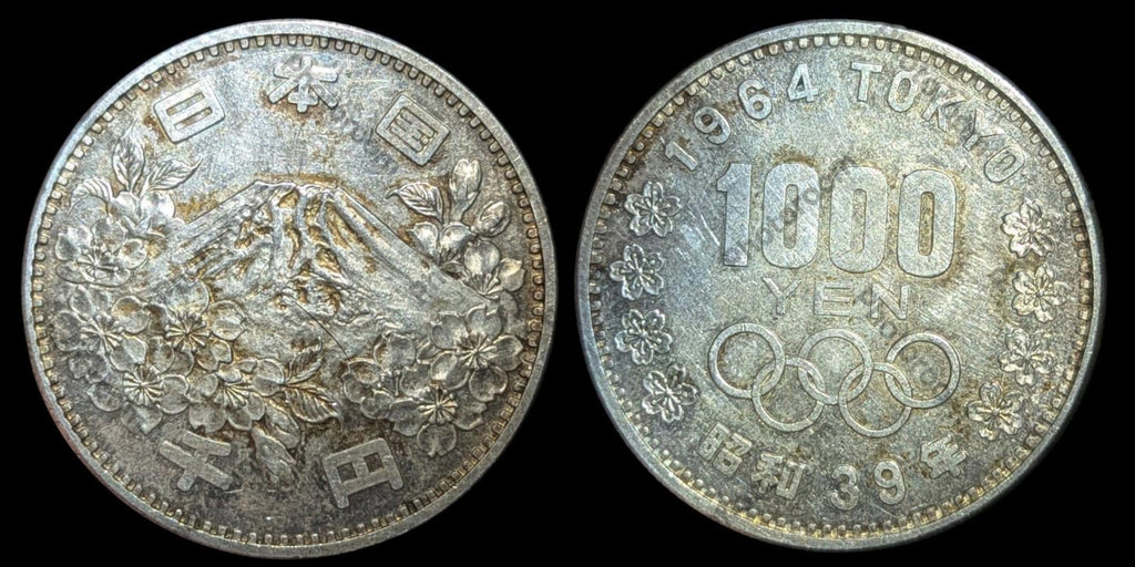 1964 JAPAN Tokyo Summer Olympic Games CHERRY MTN. FUJI Silver 1000 Yen Coin