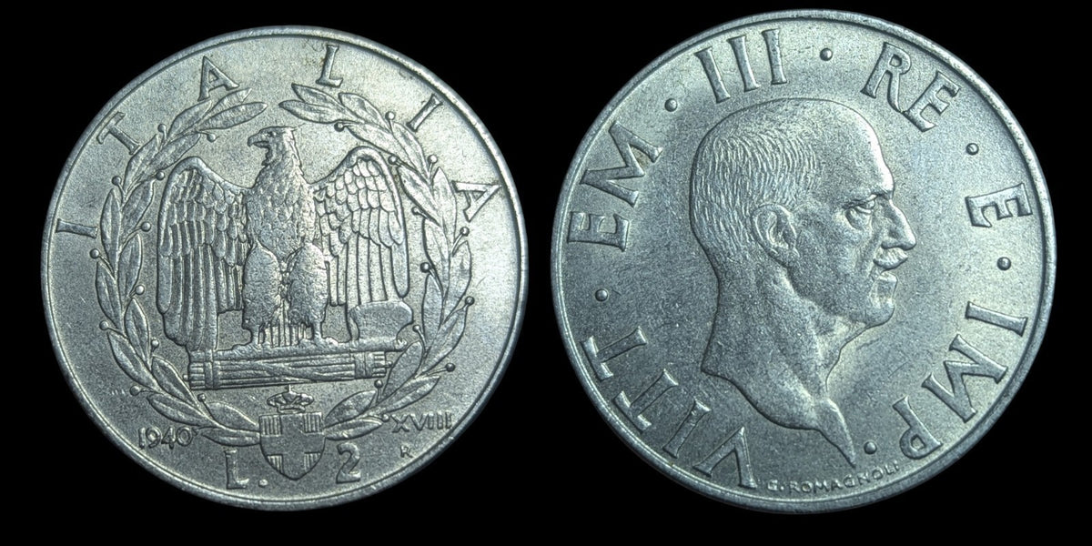 WWII 1939-1941 Italy Vittorio Emanuele III 2 Lire Coin, MUSSOLINI