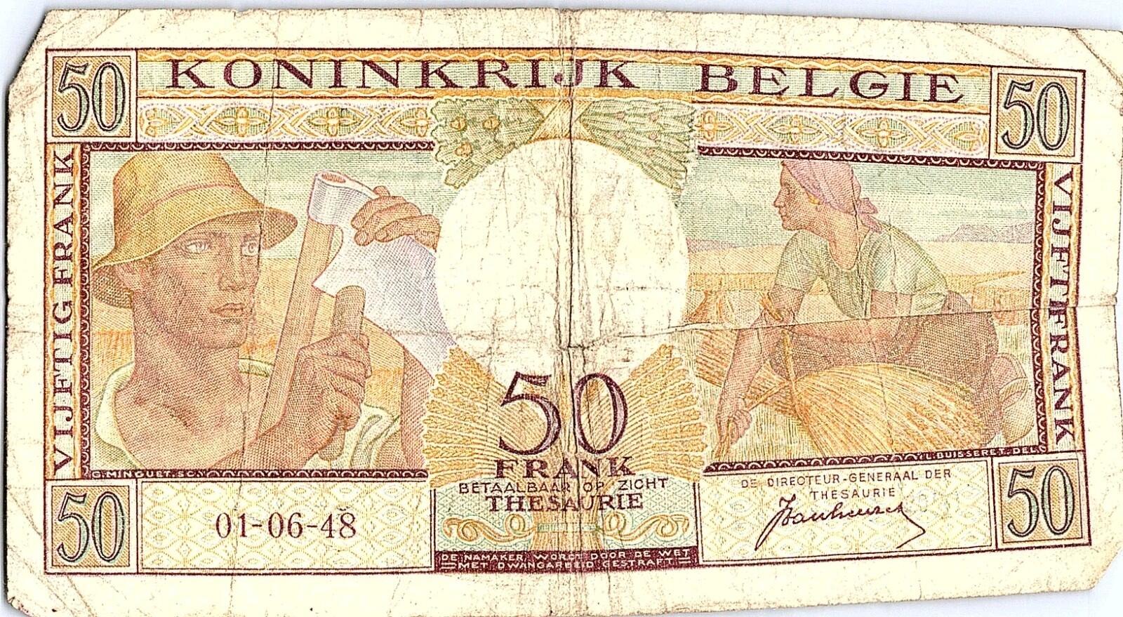 Belgium  50  Francs   1948  Series  Circulated Banknote