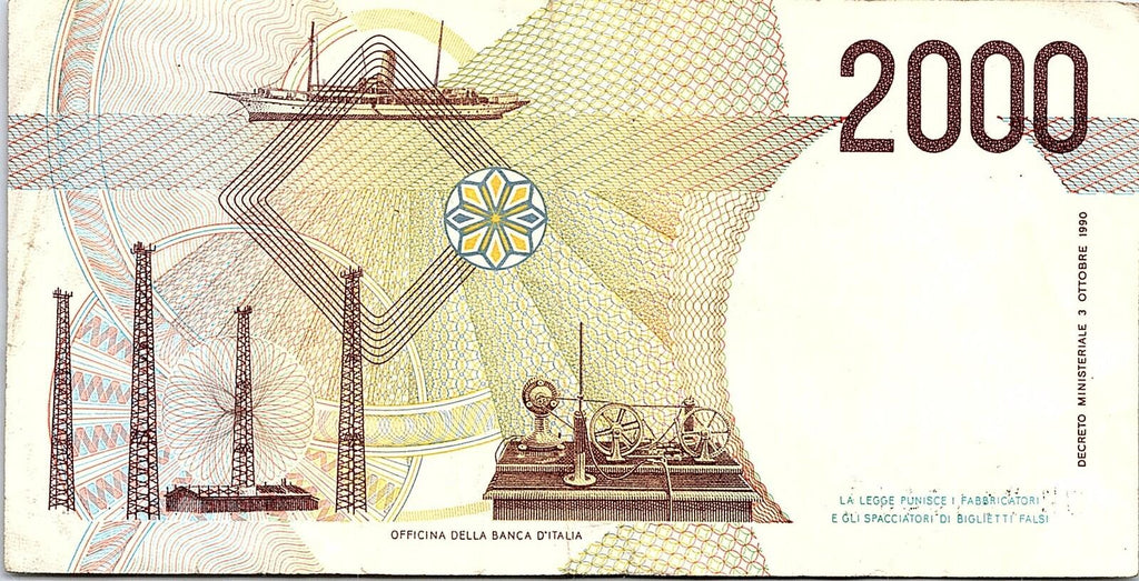 Italy 2000 Lire 1990 DB NEW Better Grade Banknote