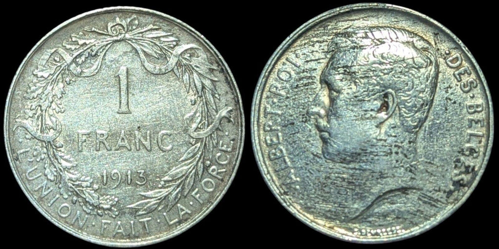 Belgium Albert I Silver 1913 1 Franc Dutch 23 mm High Grade KM# 73.1