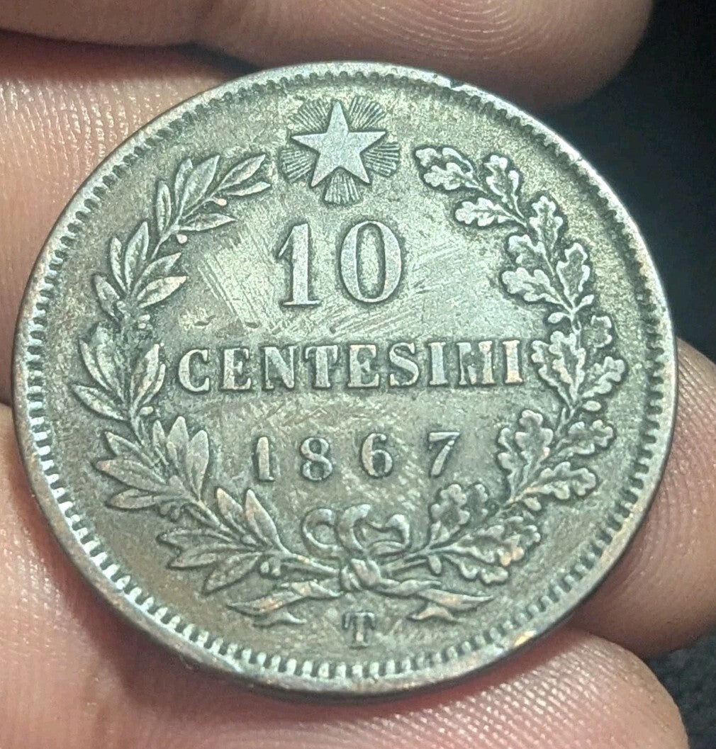 1867年都灵铸币厂意大利国王维托里奥·埃马努埃莱二世古董意大利10分硬币