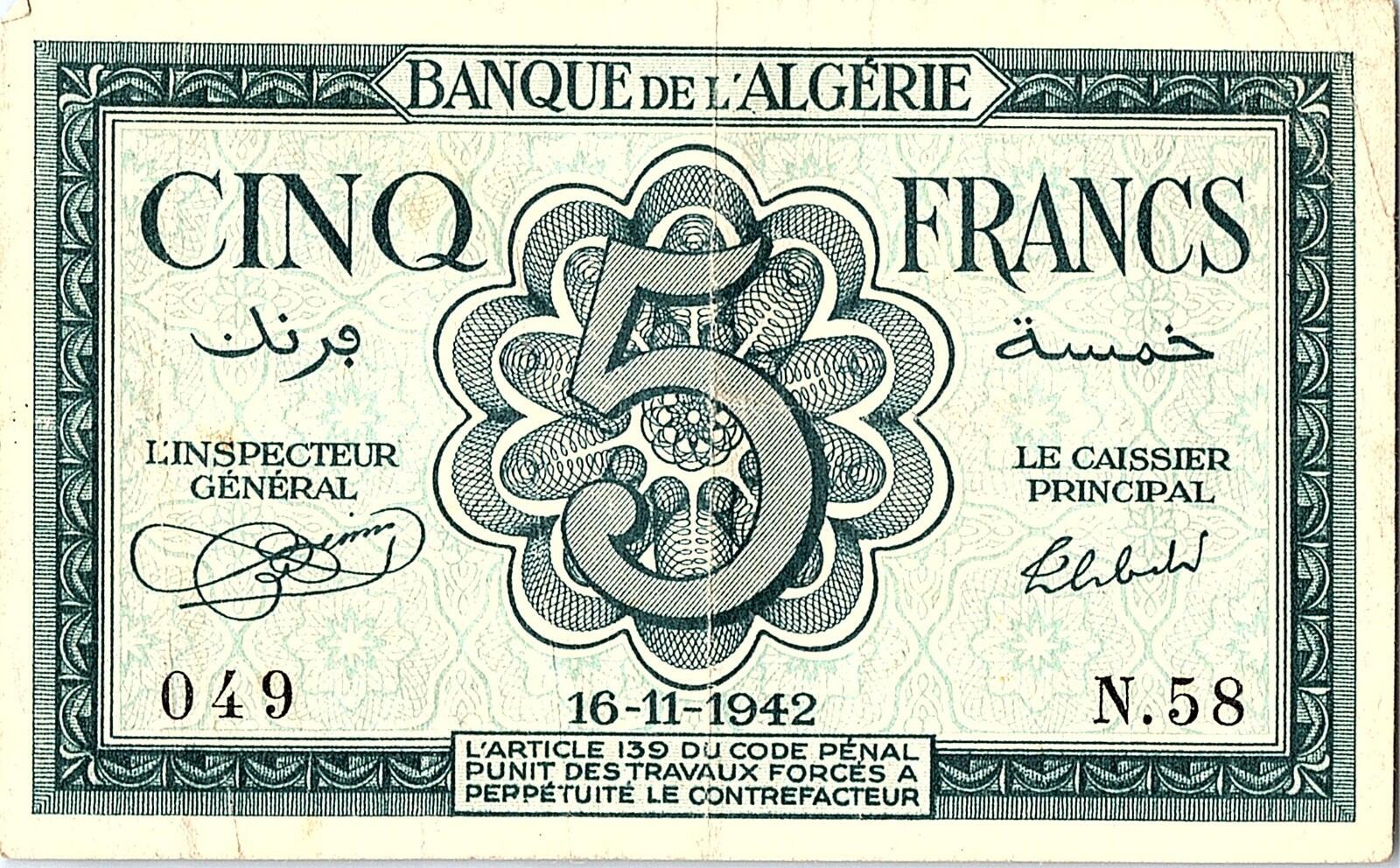 1942 FRENCH ALGERIA 5 FRANCS BANKNOTE WWII FRENCH CURRENCY ORIGINAL - EXTRA FINE