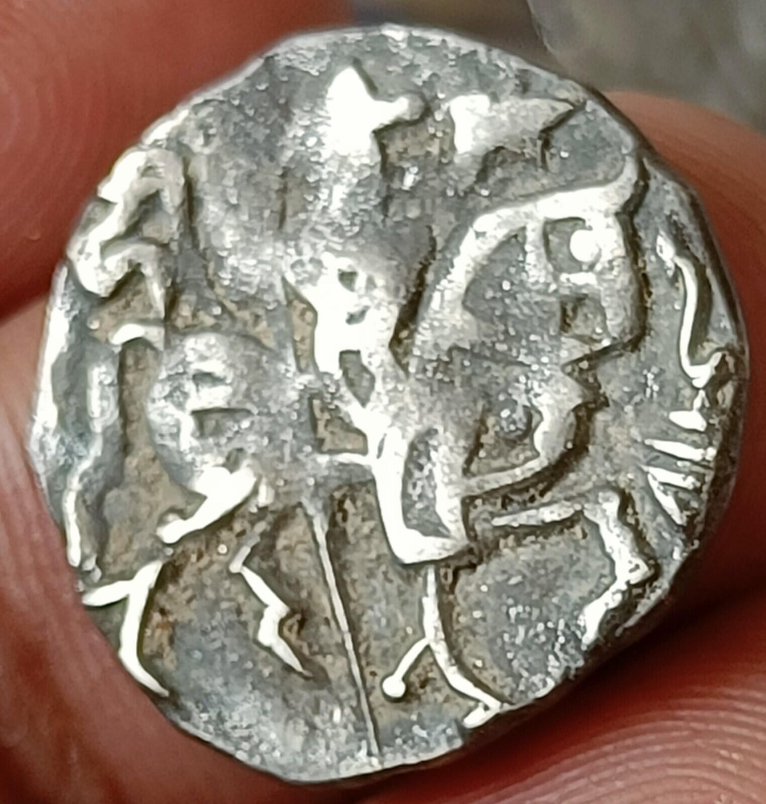 #U9#Indian OHINDA DYNASTY Samanta Deva HORSE & BULL SILVER coin BEAUTIFUL GRADE