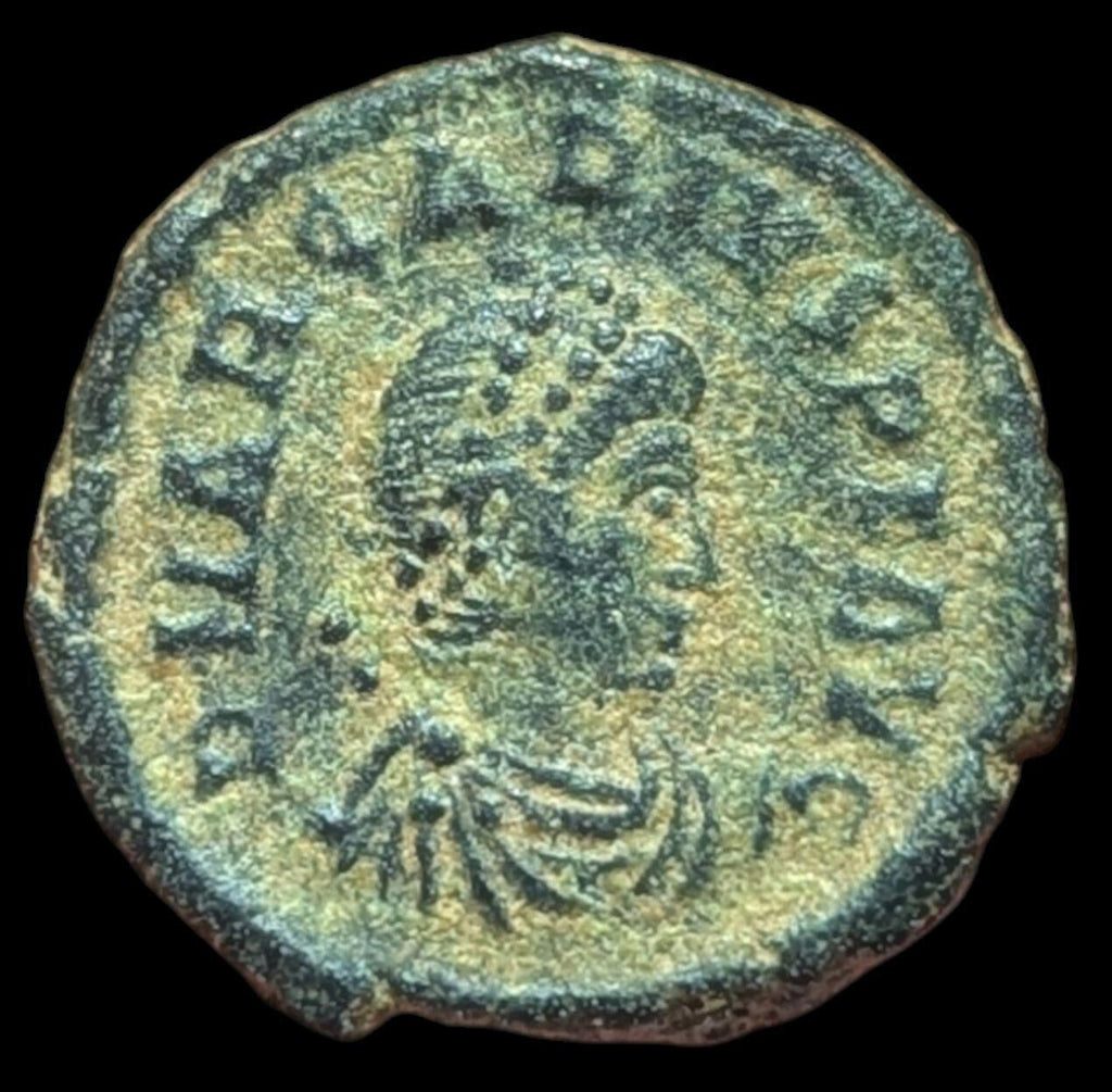 Ancient Roman coin Arcadius 388AD Victory wreath captive chi-rho