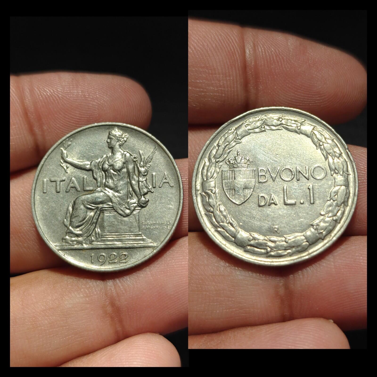 1922 Italie Une 1 Lire Femme assise à gauche en nickel Monnaie du monde pièce rare