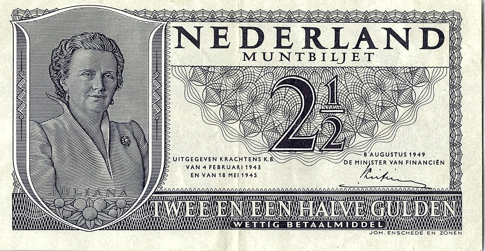 Netherlands, 2 1/2 Gulden 1949 Better Grade