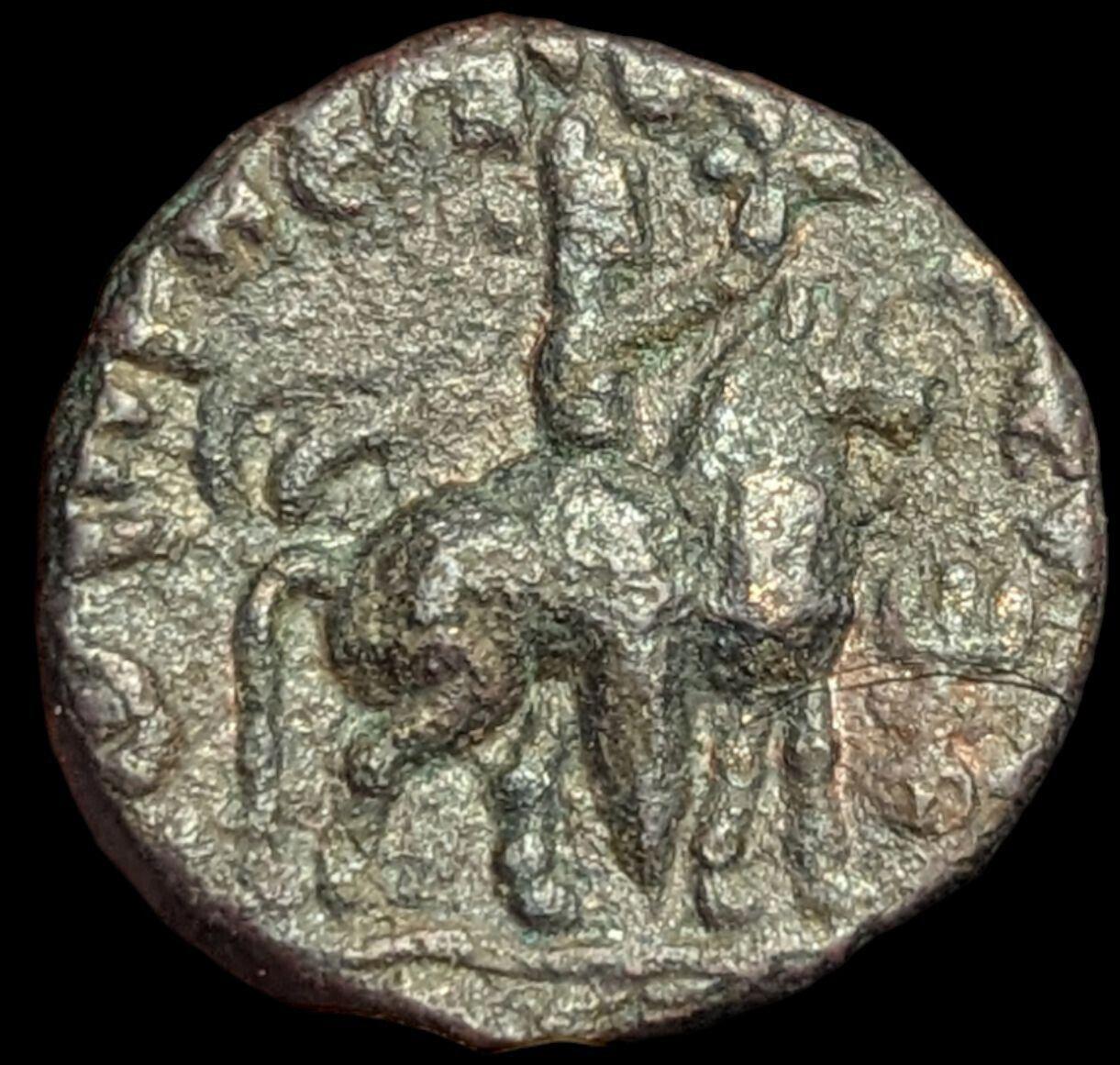 INDE Ancien Empire Kouchan, Roi Soter Megas, Cavalier, pièce en cuivre 8 g Rare