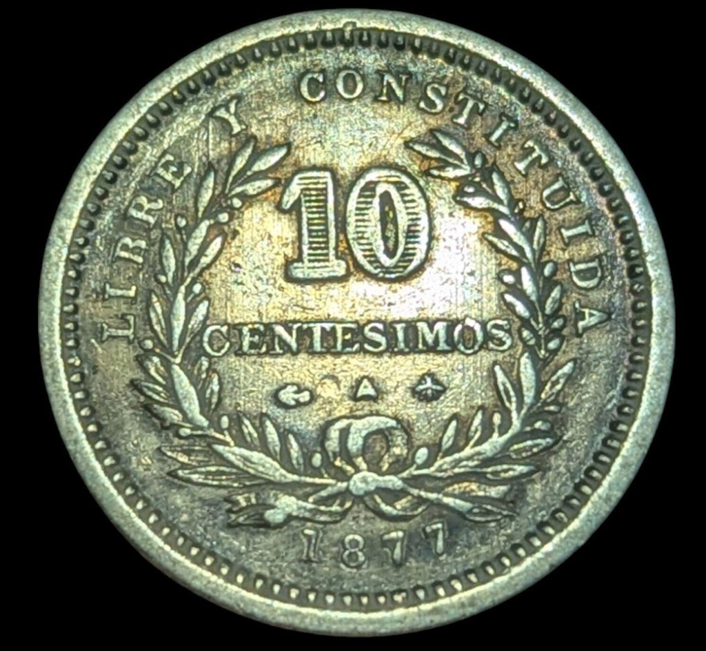 1877 A Uruguay 10 Centesimos Points d'Ancrage à Gauche Détails AU