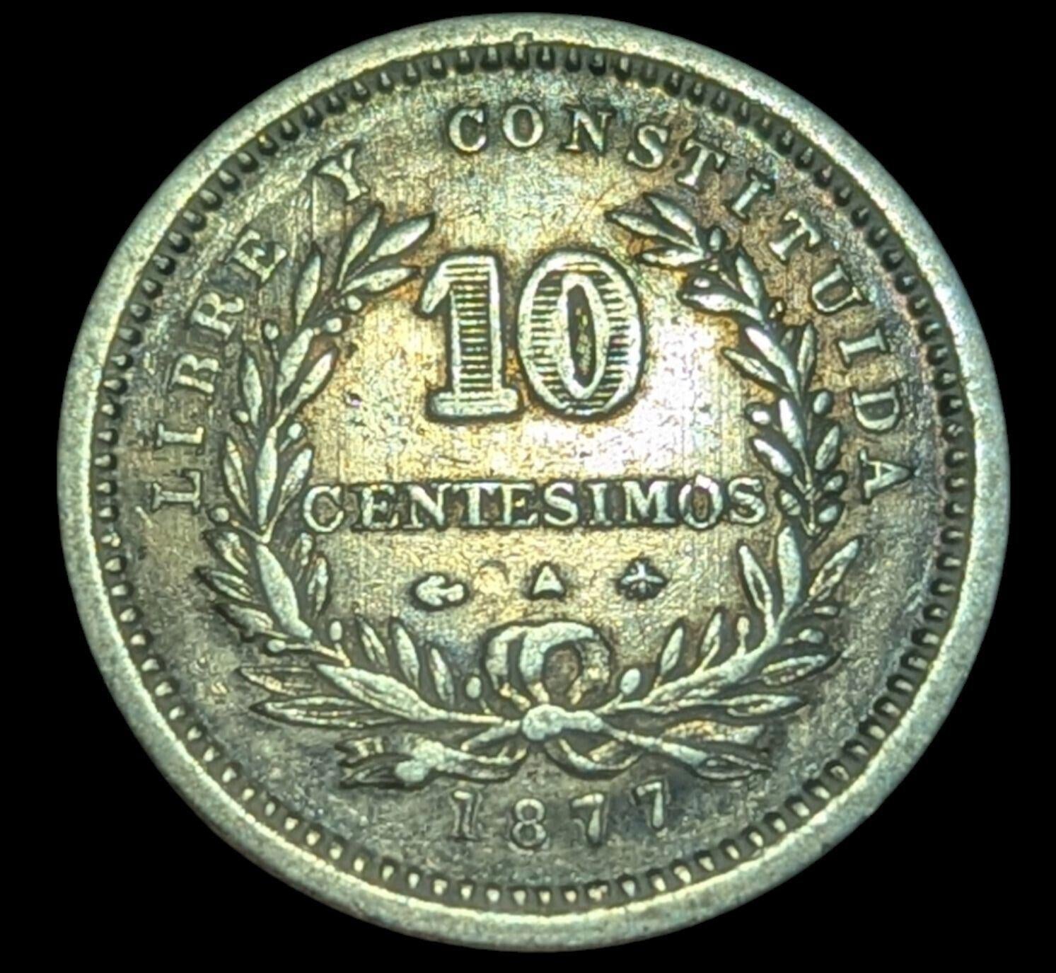 1877 A Uruguay 10 Centesimos Points d'Ancrage à Gauche Détails AU