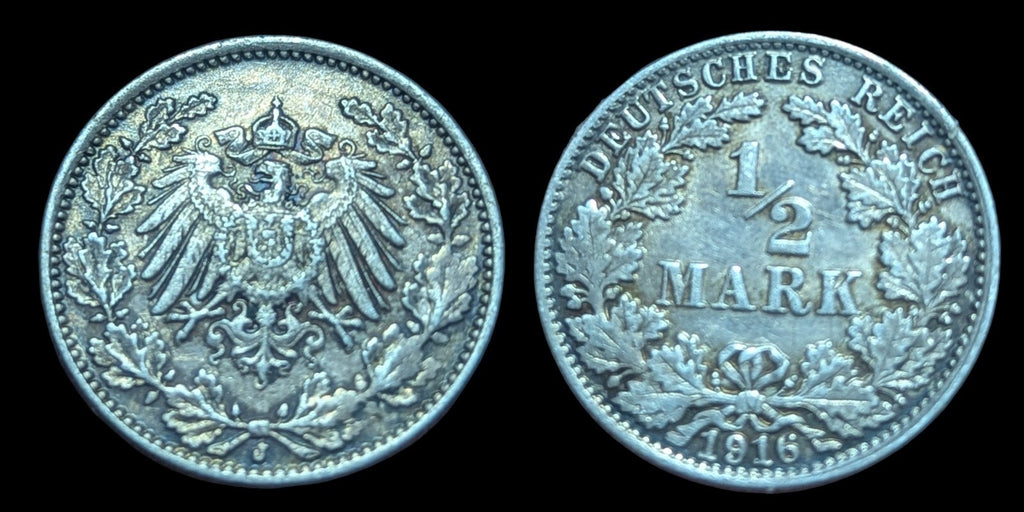 Germany Empire 1916-J Silver 1/2 Mark    Beautiful UNC Hamburg Mint