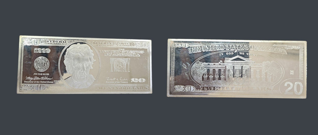 1999 USA Authentic 10 & 20 Dollar Bill 4.11+4.11 Troy OZ Silver Medal Plaque