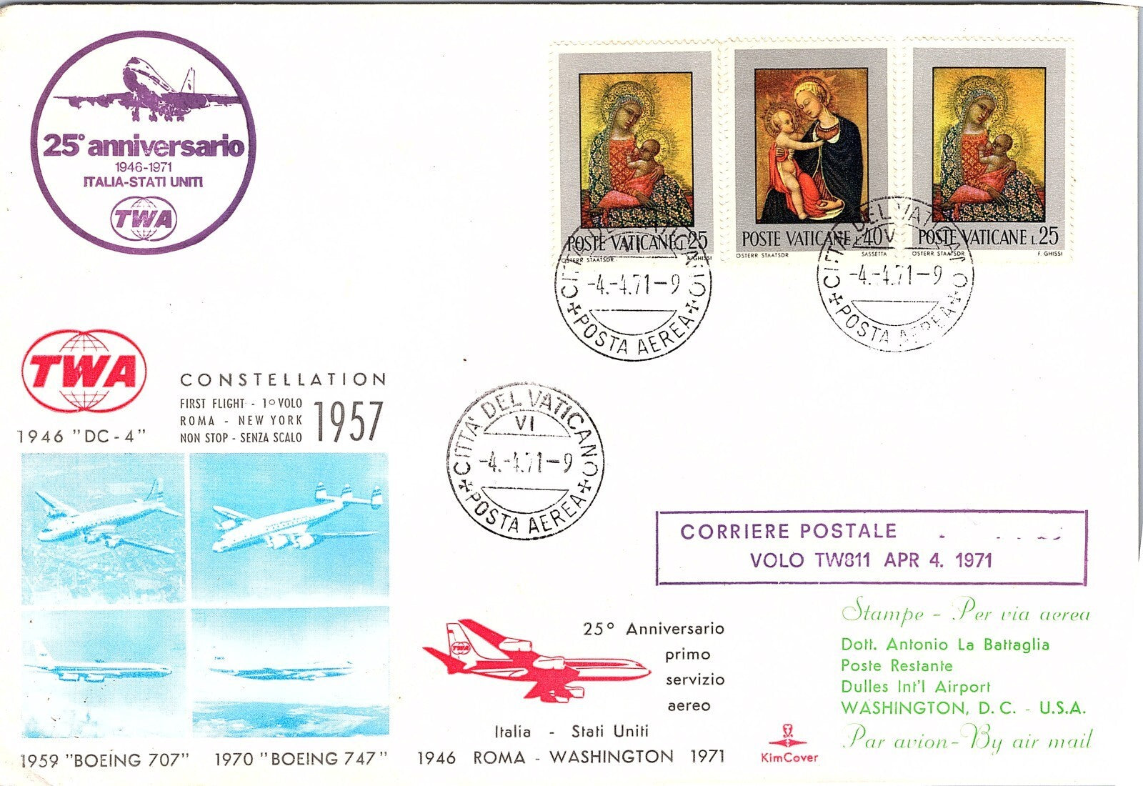 VATICAN CITY 1971 TWA 25th ANNIVERSARY FLIGHT COVER ROME TO WASHINGTON