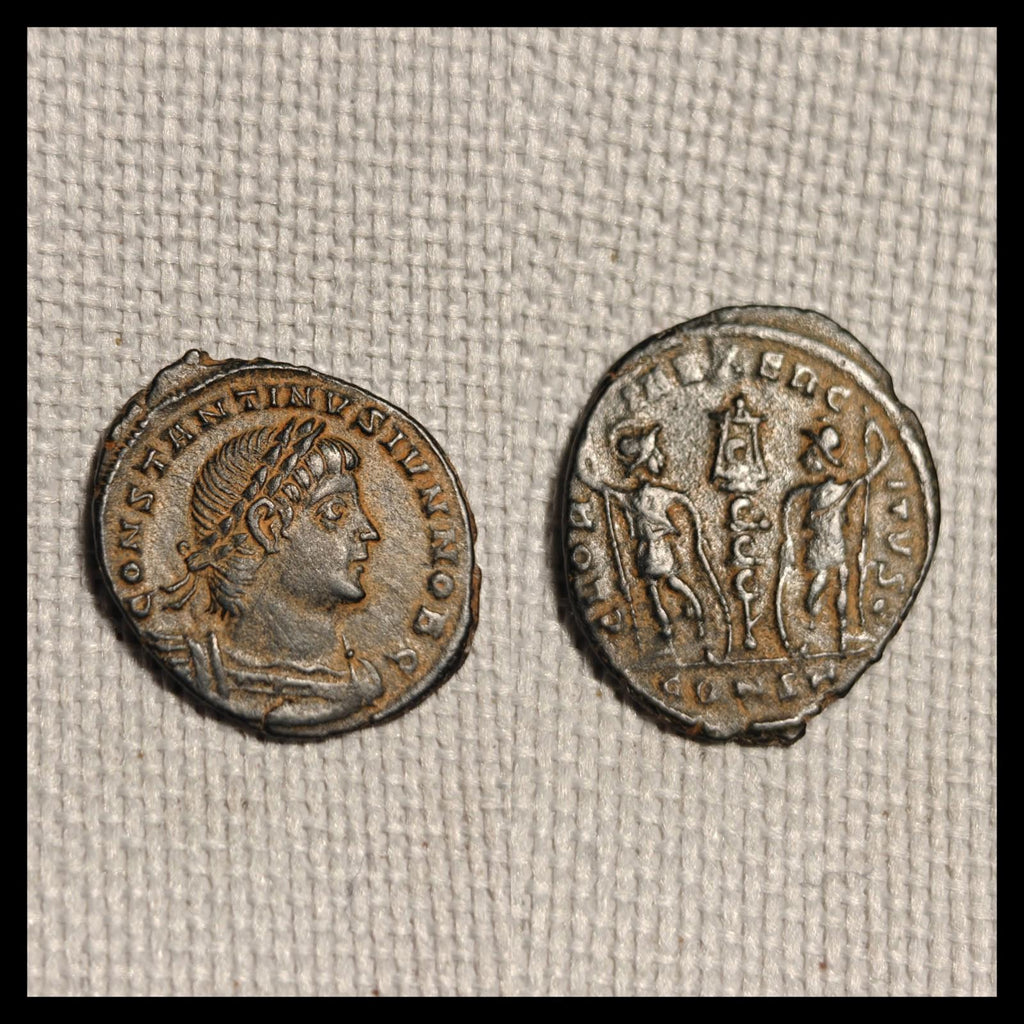 CONSTANTIN II Fils de Constantin le Grand Monnaie romaine LÉGION GUERRE SOLDATS Lances