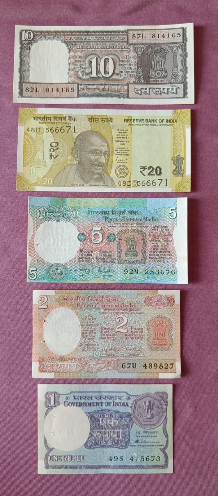 🇮🇳 India🇮🇳 Old different 20-10-5-2-1 Rupees 5 Notes-Uncirculated-Crispy