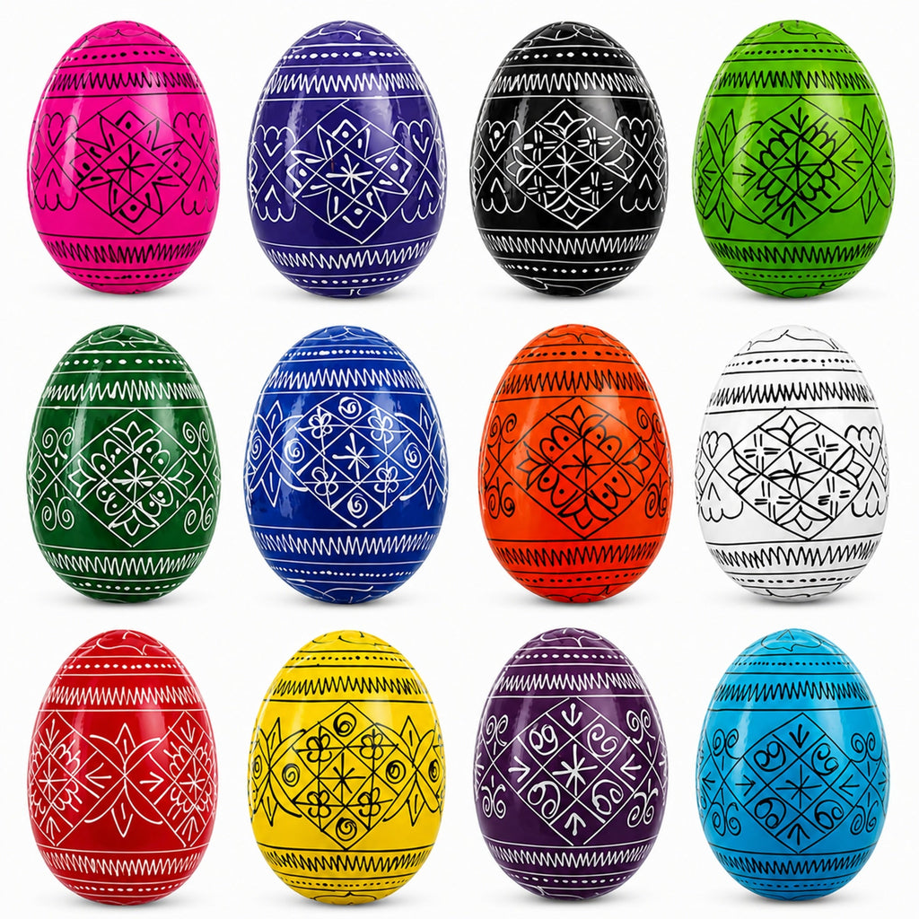 Set of 12 Multicolored Hand Painted Ukrainian Wooden Easter Eggs 2.5 Inches