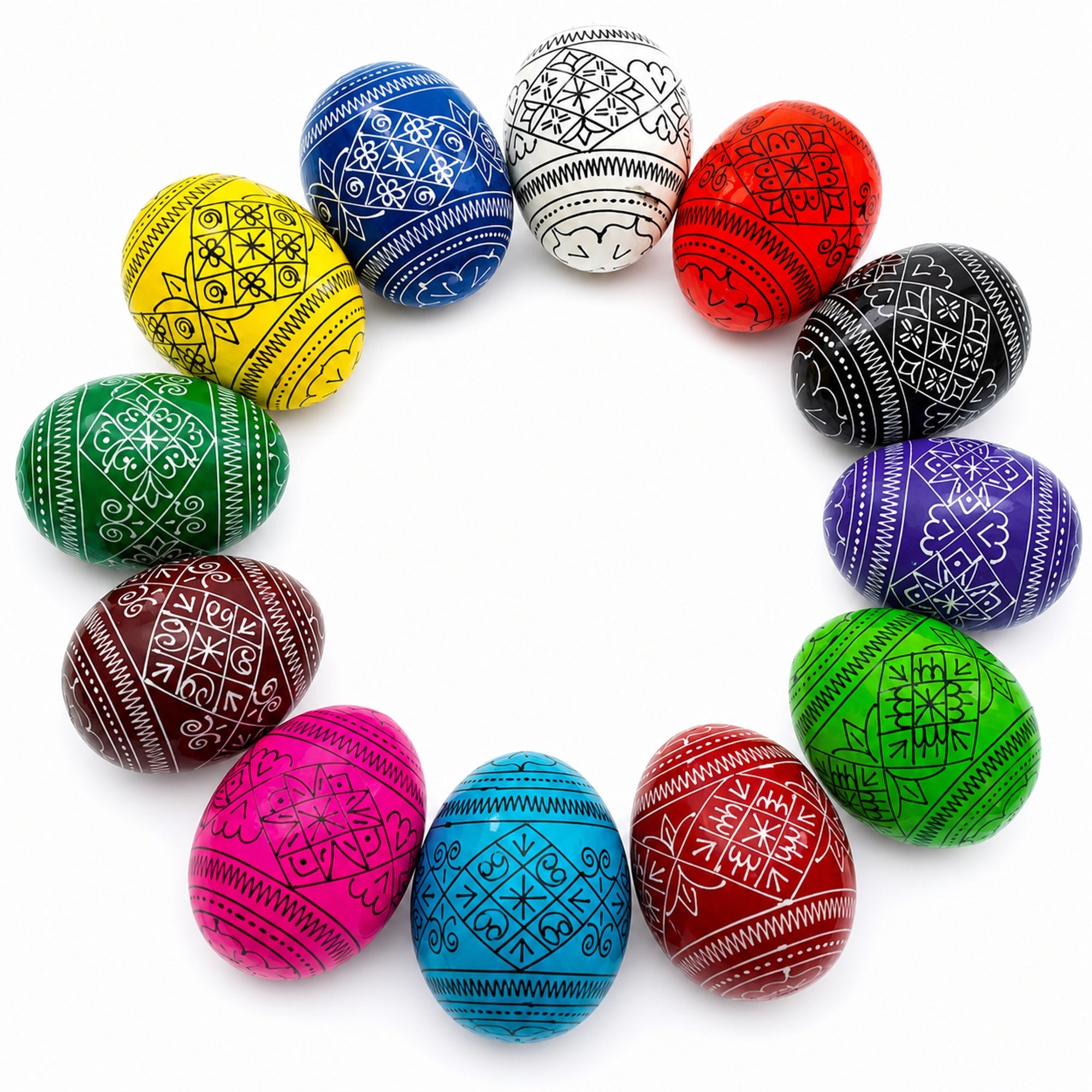 Set of 12 Multicolored Hand Painted Ukrainian Wooden Easter Eggs 2.5 Inches