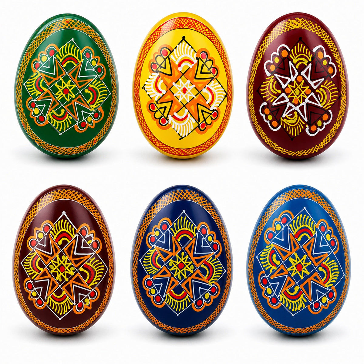 Set of 6 Folk Art Patterns Wooden Ukrainian Easter Eggs 2.5 Inches