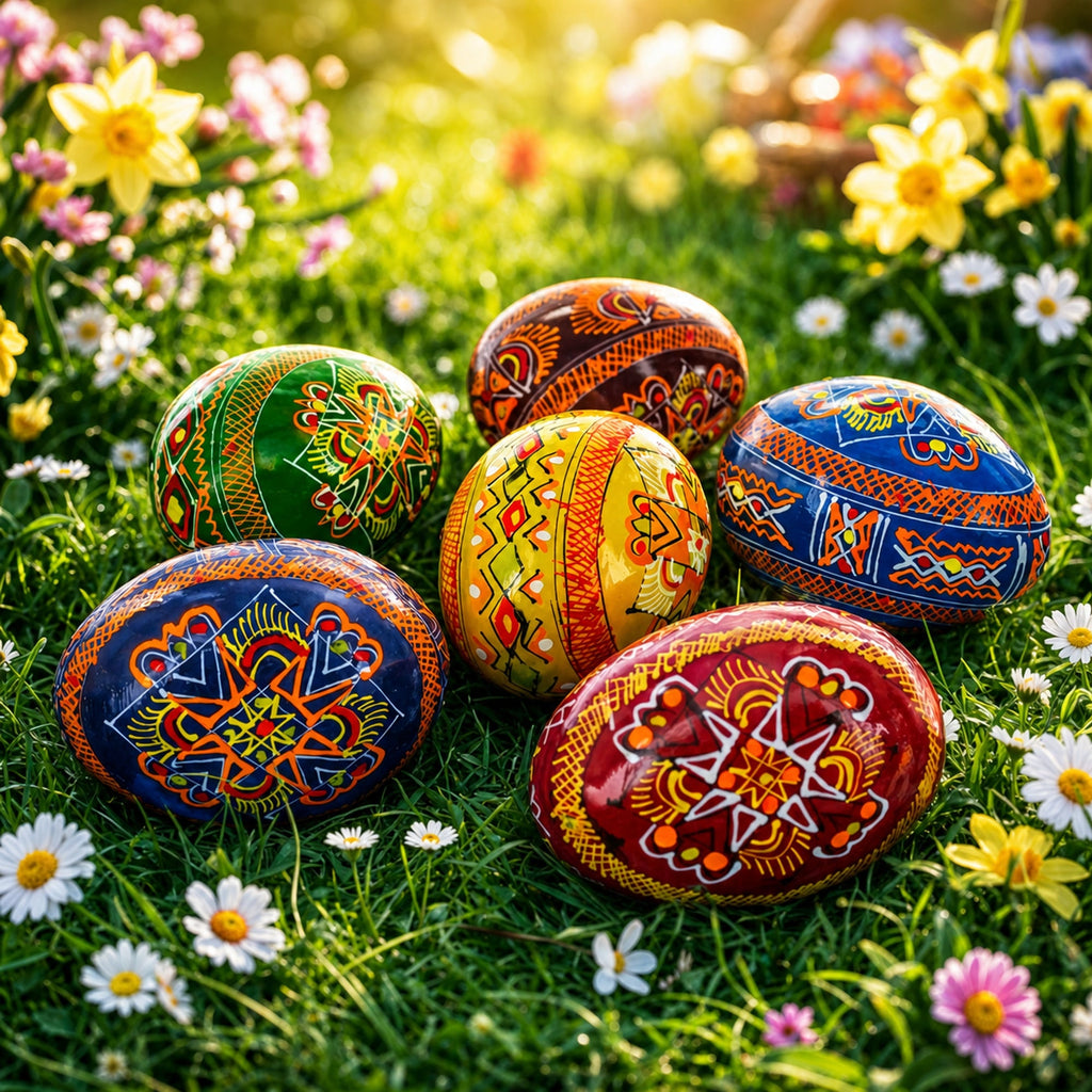 Set of 6 Folk Art Patterns Wooden Ukrainian Easter Eggs 2.5 Inches