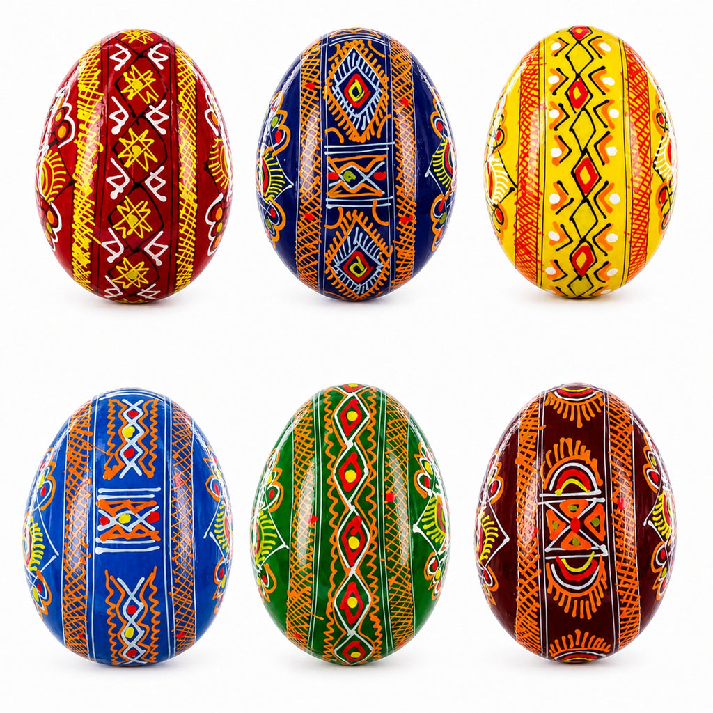 Set of 6 Folk Art Patterns Wooden Ukrainian Easter Eggs 2.5 Inches