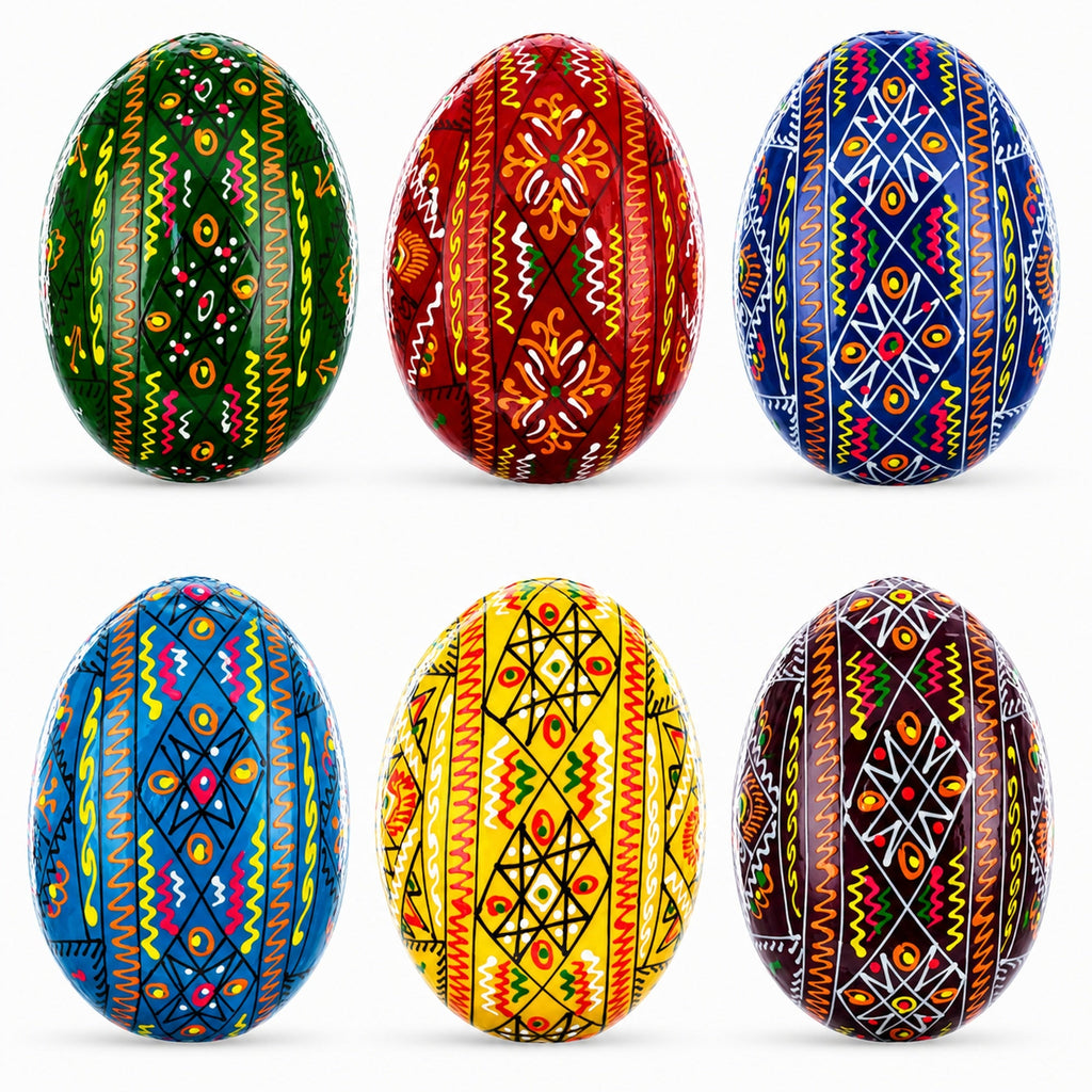 Set of 6 Traditional Ukrainian Pysanky Wooden Easter Eggs 2.5 Inches