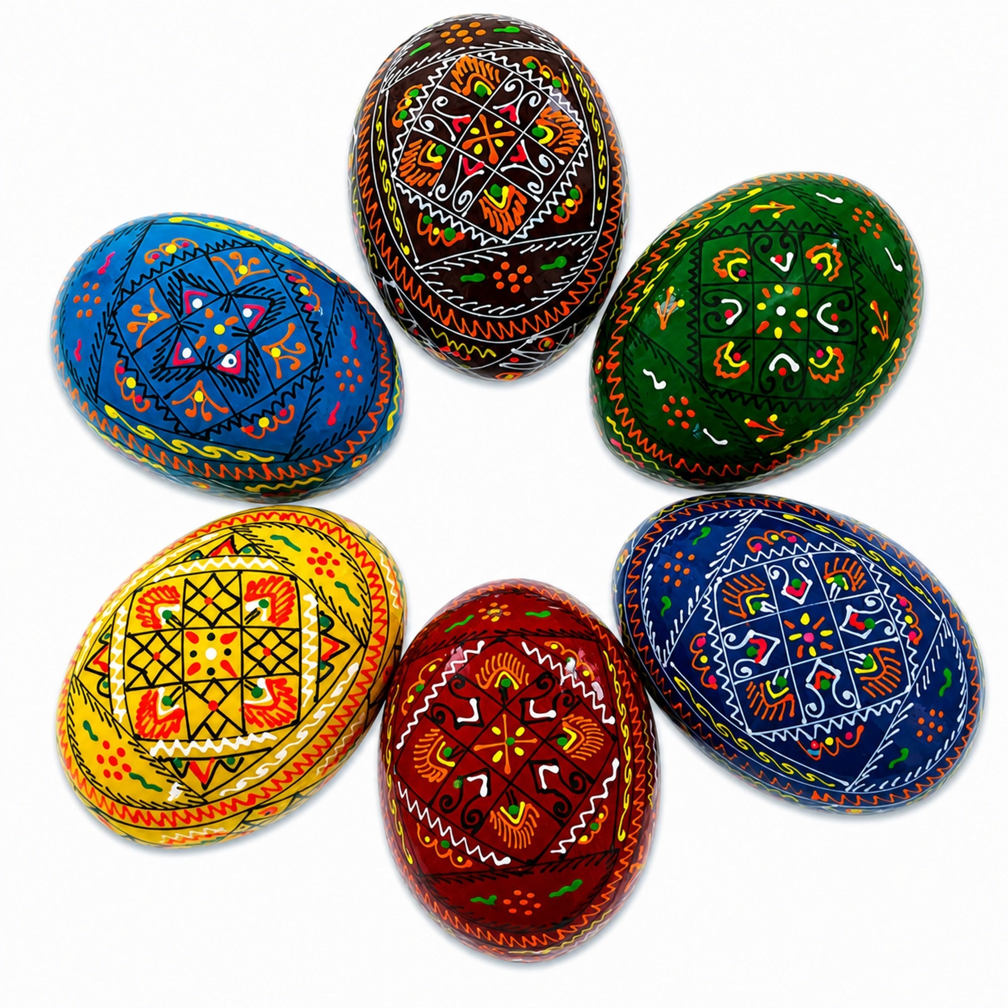 Set of 6 Traditional Ukrainian Pysanky Wooden Easter Eggs 2.5 Inches