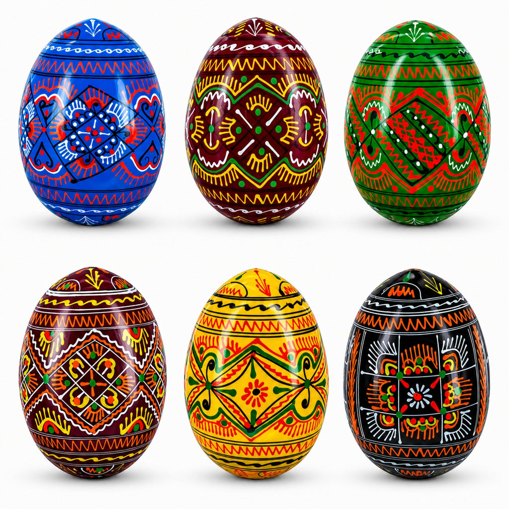 Set of 6 Geometric Pysanky Ukrainian Wooden Easter Eggs 2.5 Inches