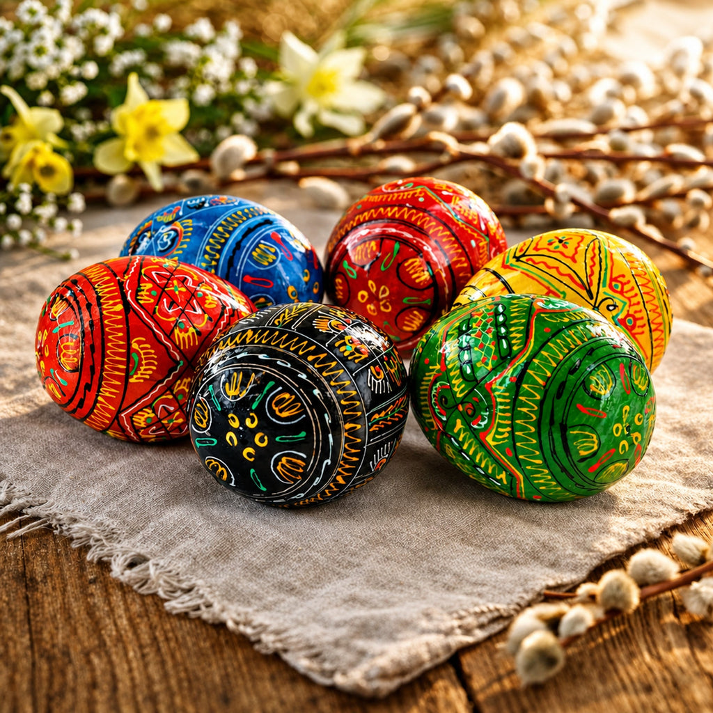 Set of 6 Geometric Pysanky Ukrainian Wooden Easter Eggs 2.5 Inches