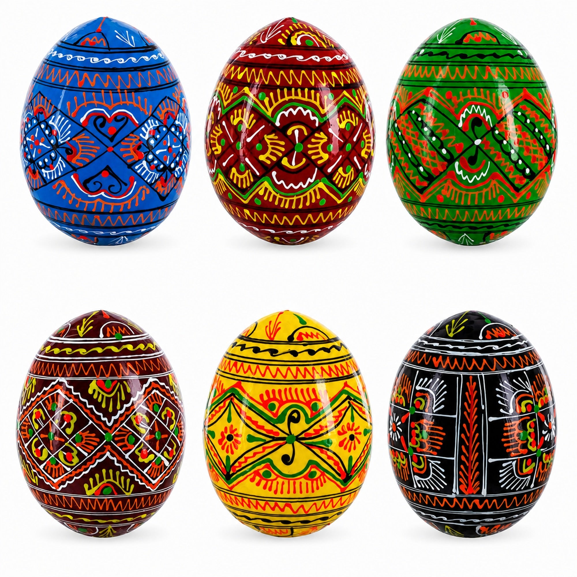Set of 6 Geometric Pysanky Ukrainian Wooden Easter Eggs 2.5 Inches