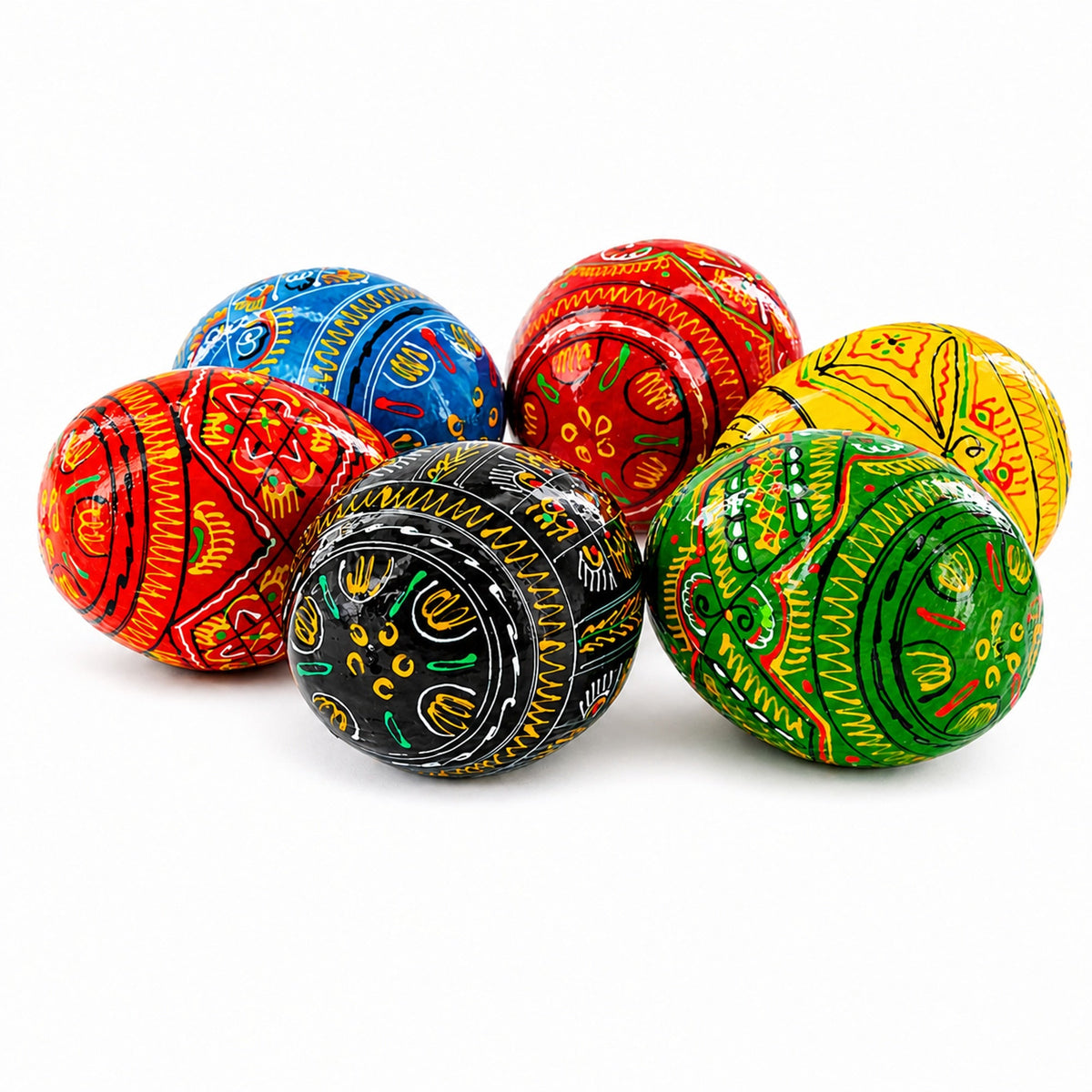 Set of 6 Geometric Pysanky Ukrainian Wooden Easter Eggs 2.5 Inches
