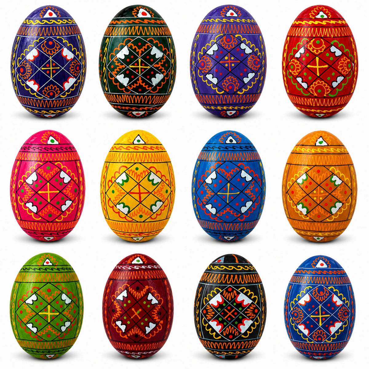 Set of 12 Handcrafted Geometric Ukrainian Pysanky Wooden Easter Eggs 2.5 Inches