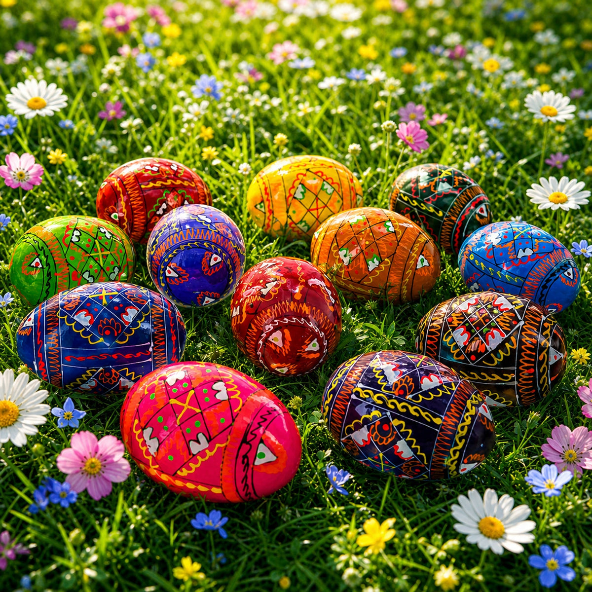 Set of 12 Handcrafted Geometric Ukrainian Pysanky Wooden Easter Eggs 2.5 Inches