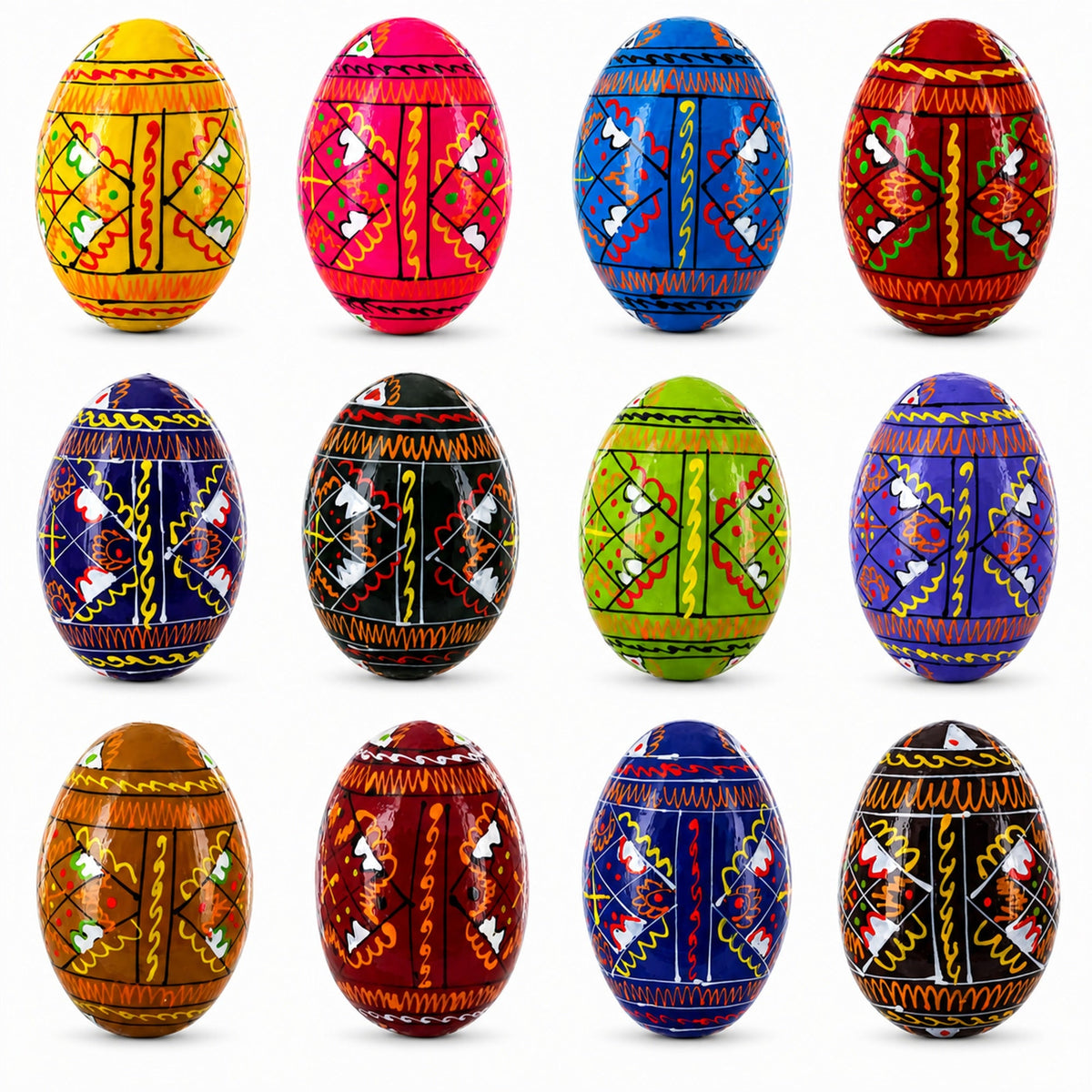 Set of 12 Handcrafted Geometric Ukrainian Pysanky Wooden Easter Eggs 2.5 Inches