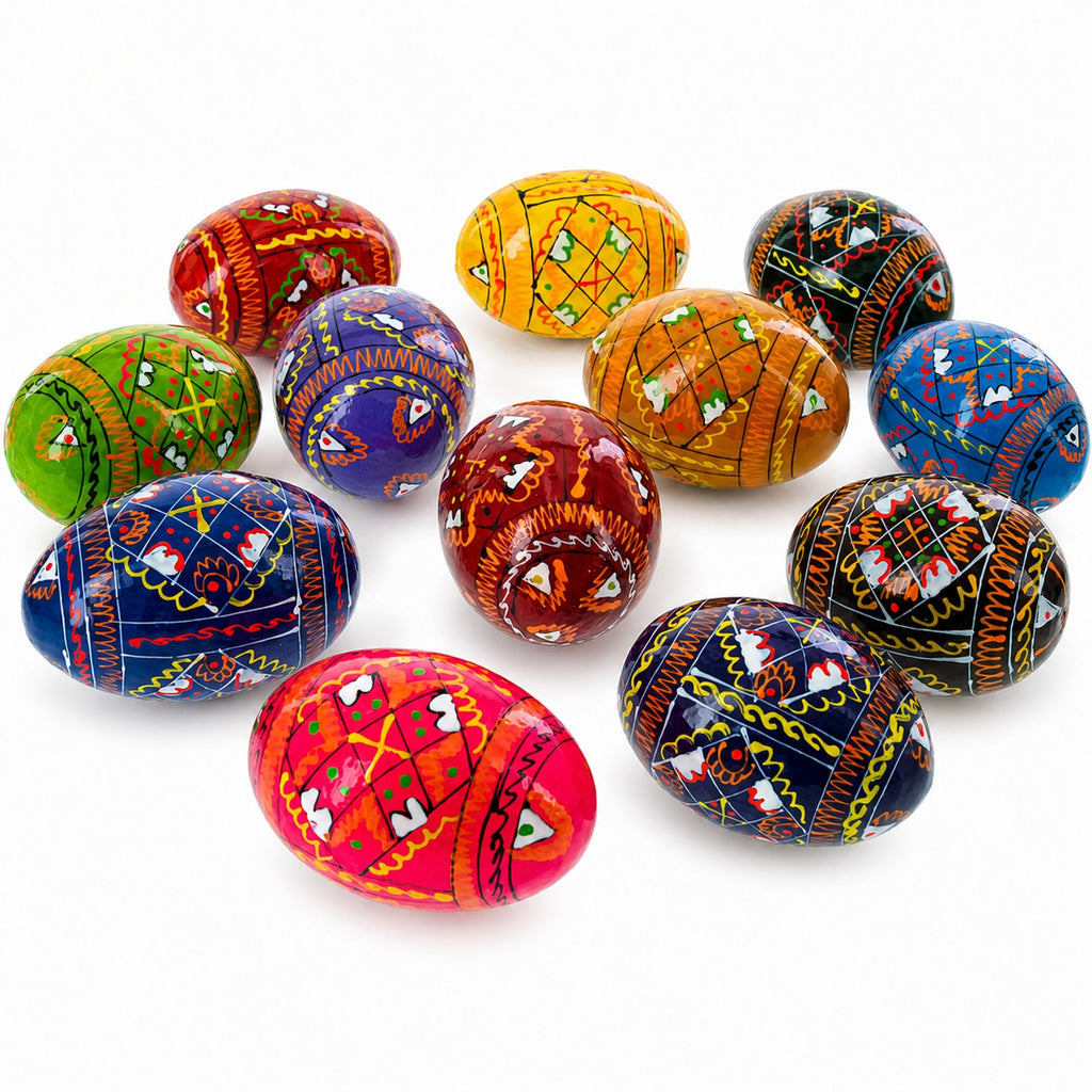 Set of 12 Handcrafted Geometric Ukrainian Pysanky Wooden Easter Eggs 2.5 Inches
